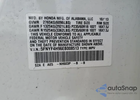 2014 Honda Pilot Touring z USA, uszkodzony, nr VIN 5FNYF4H96EB008513